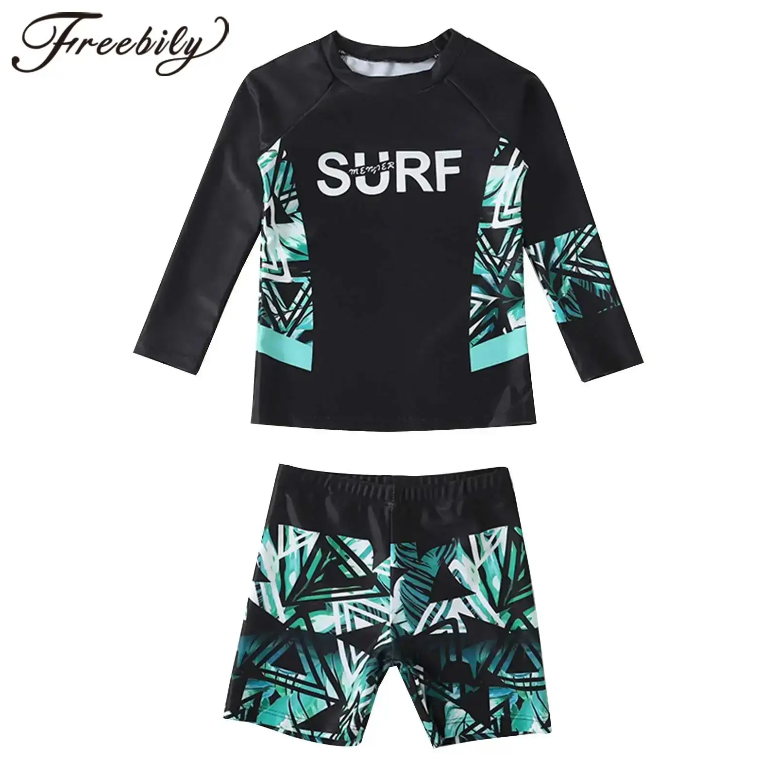 

Kids Boys Swimsuit Outfit Two Piece Long Sleeve Geometric Pattern Print Top Swim Shorts 2Pcs Swimming Suit Beachwear Rashguard