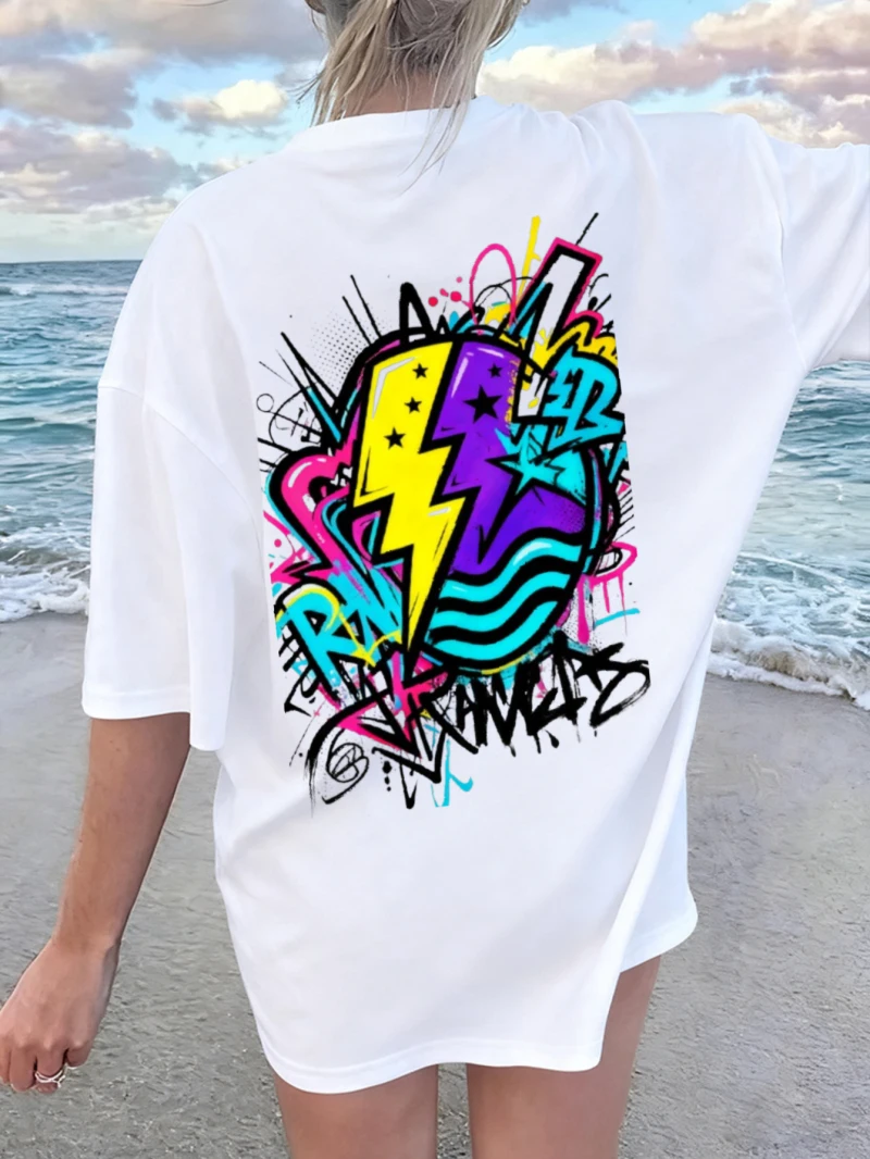 

Женская футболка с короткими рукавами, модный круглый воротник с молнией и граффити, свободный летний топ для пар, женское платье