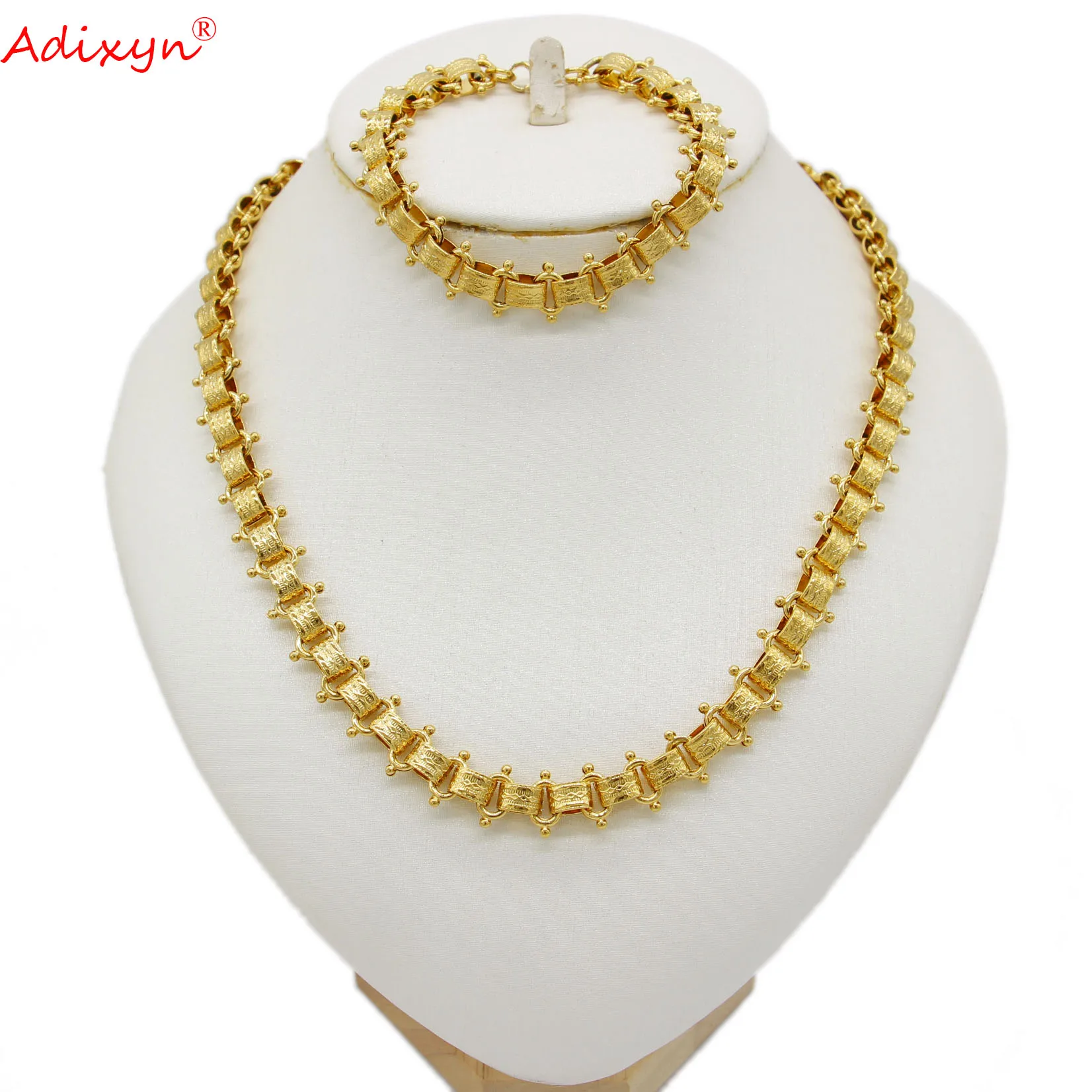 

Adixyn Luxury Gold Color10MM width Chain Bracelets Neckalce for Women Men Party Wedding jewelry sets Gifts