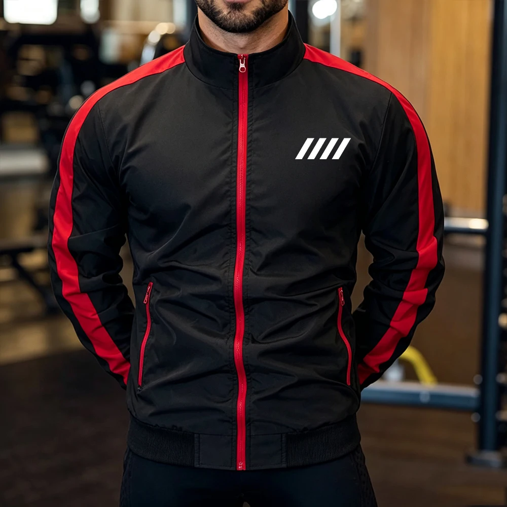 Mens Sport Stand Collar Track Jacket Red Side Striped Full Zip Up Coat Stripe Print Casual Workout Daily Running Sport Tops