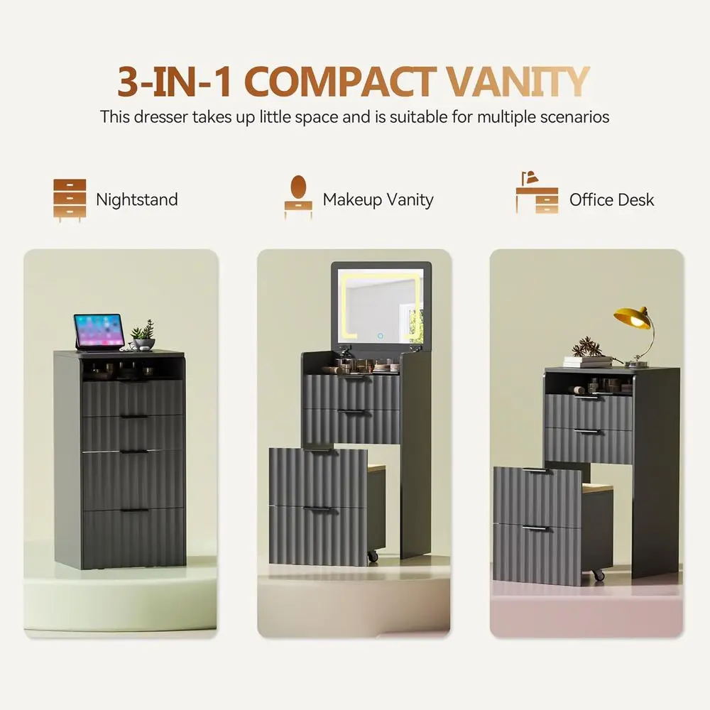 3-in-1 Grey Vanity Desk with Mirror, Lights, and Storage Stool for Bedroom Makeup Area view 4