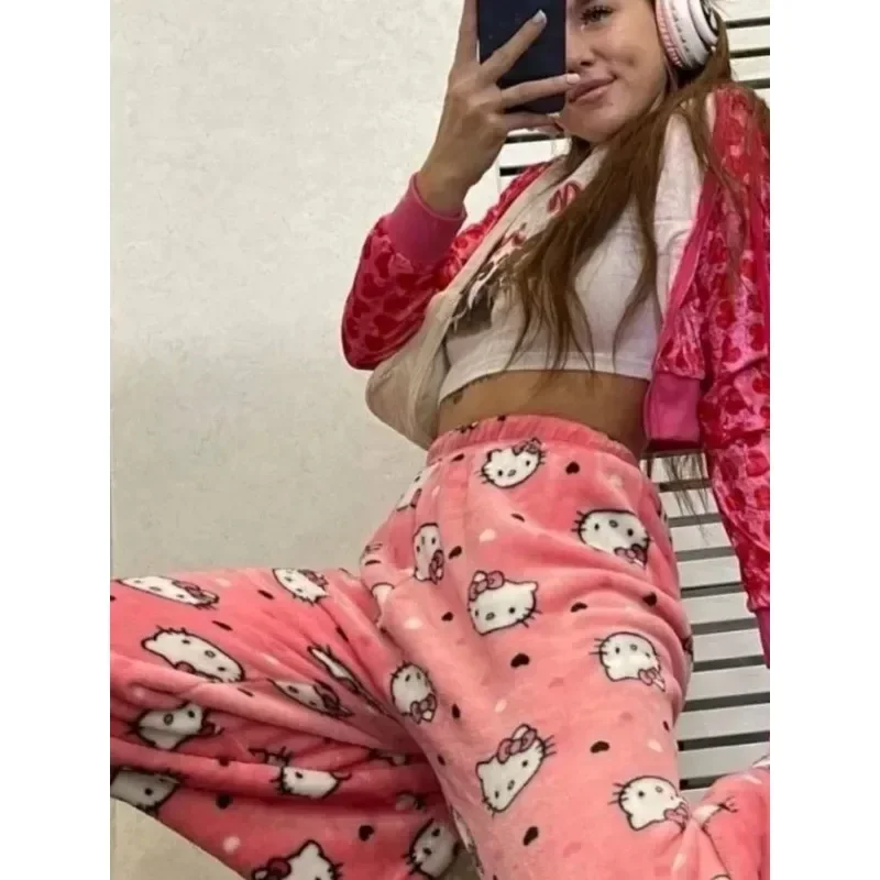 Hello Kitty Black Dot Print Flannel Pajama Pants Women Soft Fuzzy Warm Wide Leg Loose Home Winter Sleep Loungewear Trousers