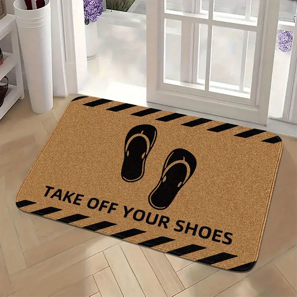 Alfombra de entrada antideslizante con diseño de chanclas divertidas y letrero de advertencia: Quita tus zapatos, para decoración del hogar, oficina o tienda, disponible en varios tamaños.