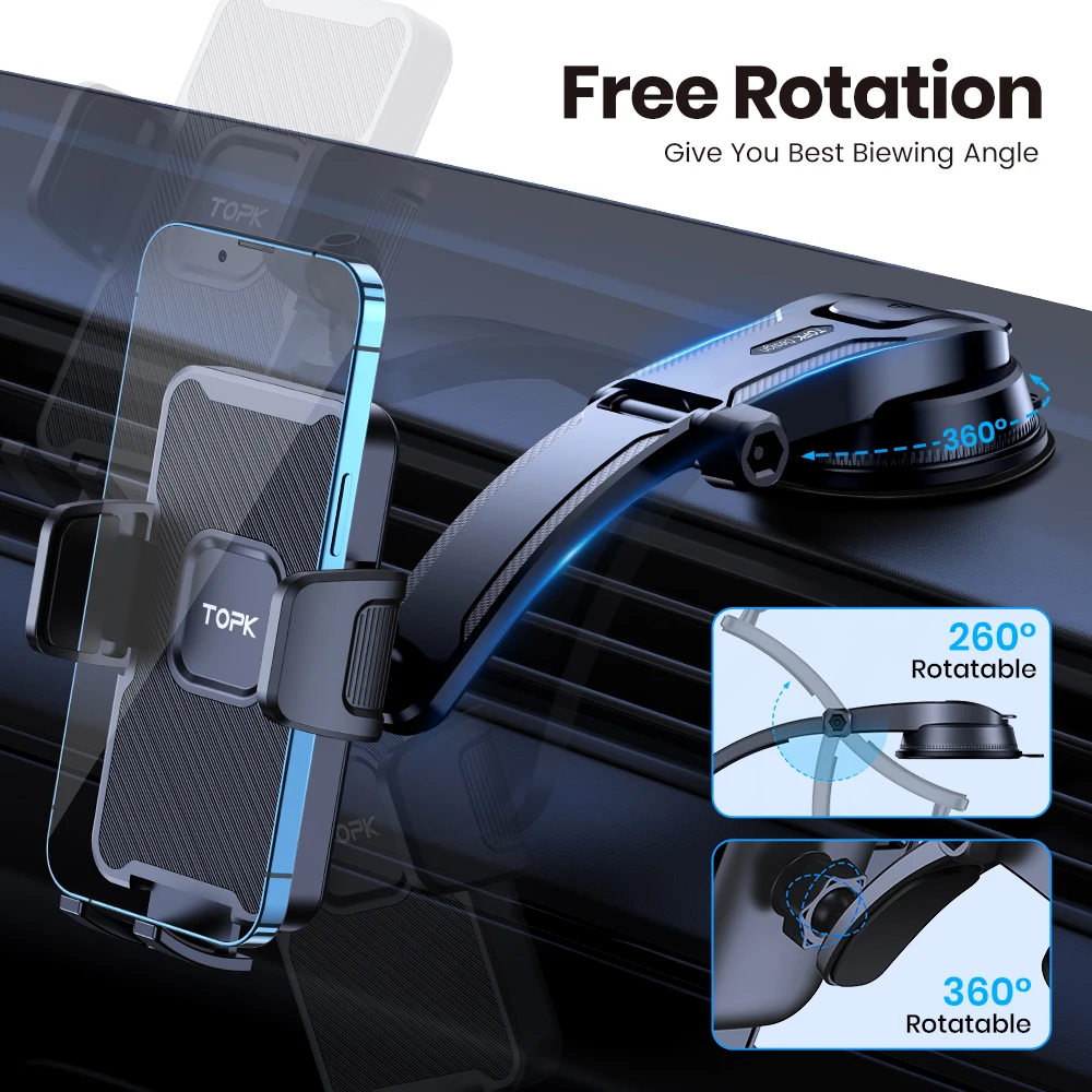 TOPK Cell Phone Holder for Car, Universal Mount Dashboard for iPhone 14 13 12 11 Pro Max,Samsung Galaxy S20+ Ultra S10 Note Plus