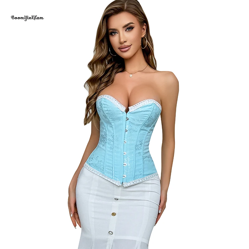 Front 6 Brooches Chest Binder Bustier Burlesque Brocade Corselet Light Blue Ruffle Corset Top For Women