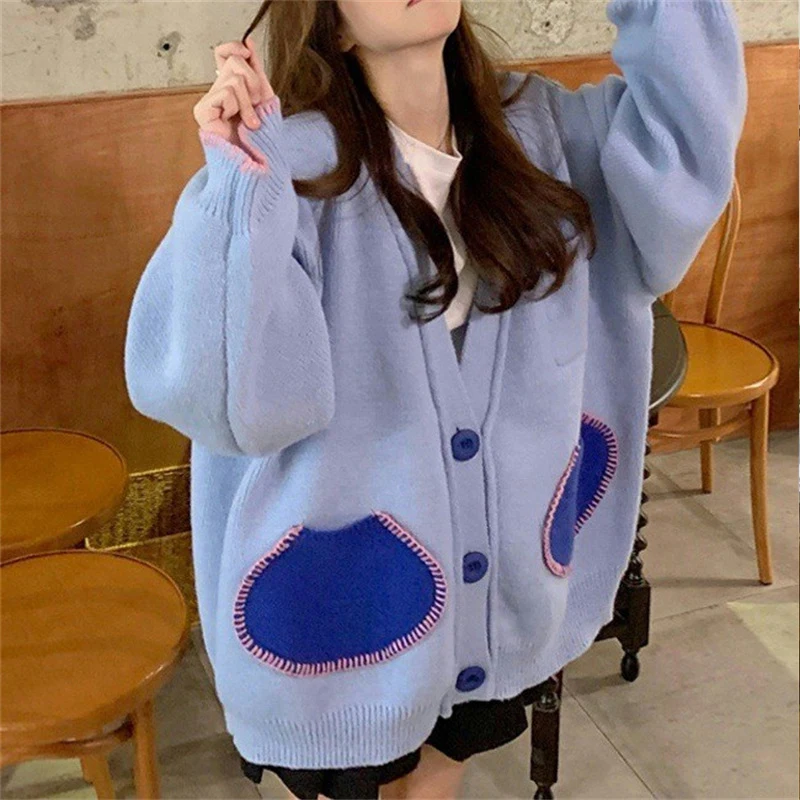 Kawaii Korean Style Printed Blue Sweater Cardigan Women Cute Harajuku Preppy Fashion Oversize V-Neck Jumper Female Outwear