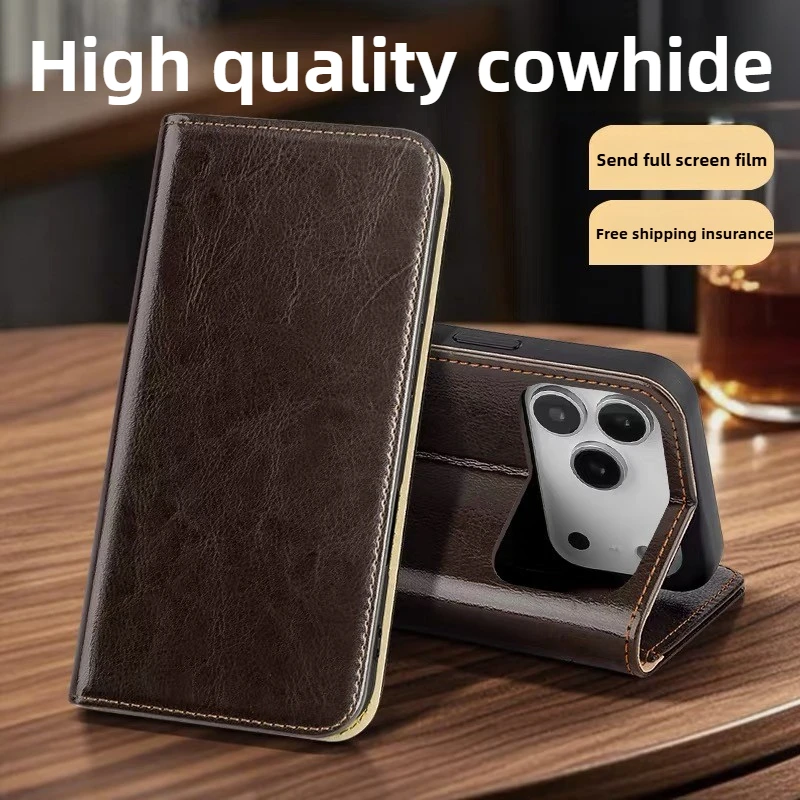 

Флип-чехол из натуральной кожи для iPhone 17 Pro, чехол с гнездом для карт, полная защита, складной чехол-подставка для iPhone Air iPhone 17ProMax