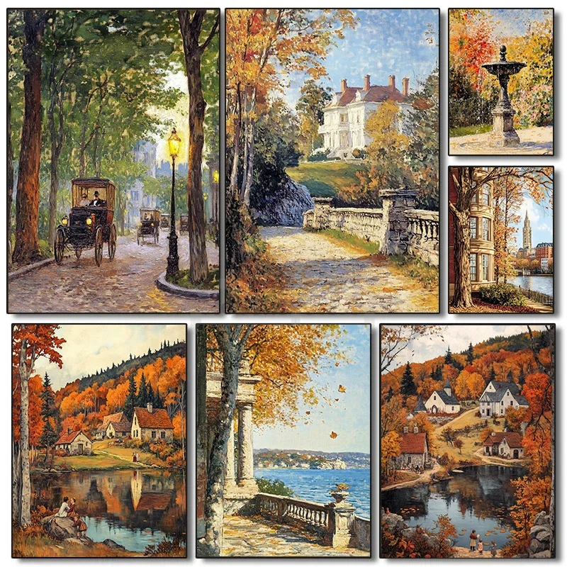 Vintage Ölgemälde saison Atmosphärische Dorf Wald Blume Landschaft Poster Leinwand Kunstdruck Hause Zimmer Wand Bilder Deco