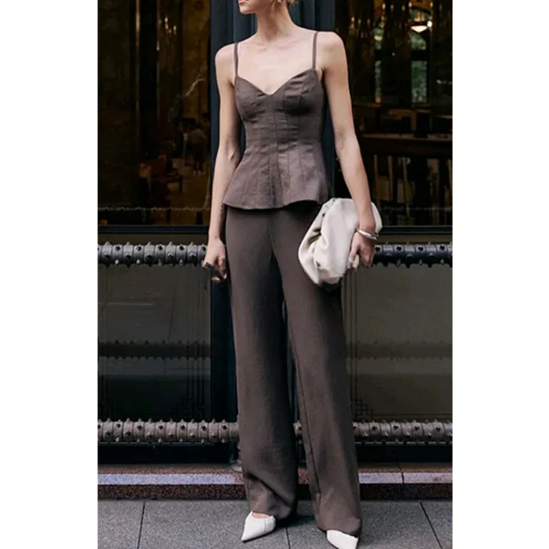 

Новый летний женский комплект с v-образным вырезом Svel Color ort Bunting Top и прямые повседневные длинные брюки с высокой талией