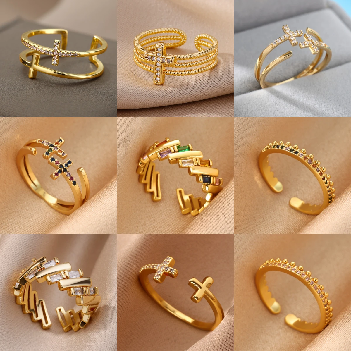 Bagues colorées en zircon avec barre et croix pour femmes, bague géométrique ouverte en acier inoxydable, tendance 2026, bijoux esthétiques pour mariage