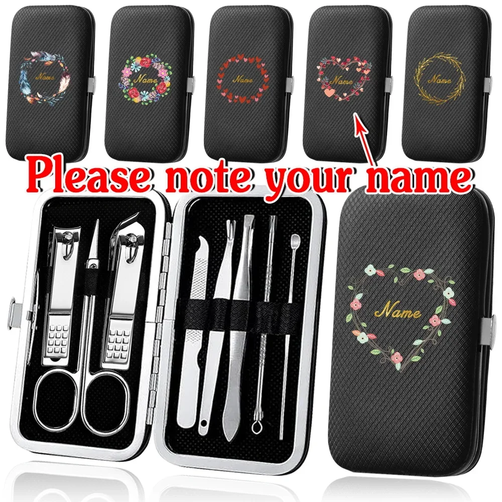 Customized Name 8Pcs Manicure Set Portable Nail Clipper Organizer Stainless Steel Pedicure Kit Cutter Cleaning Tool Grooming Box