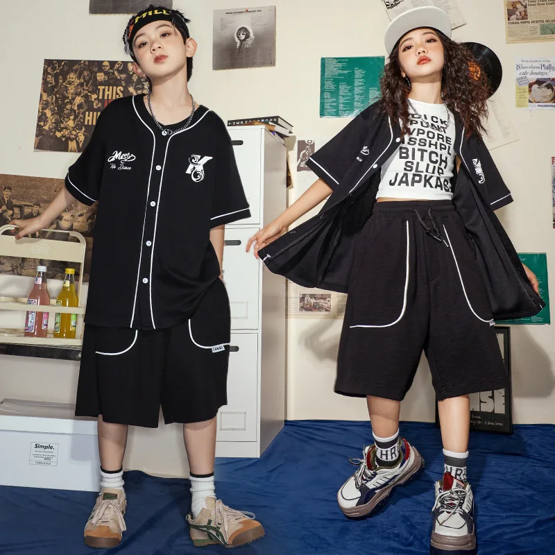 Nova dança de rua crianças jazz hip-hop preto roupas de beisebol para meninos hip-hop desempenho traje para meninas