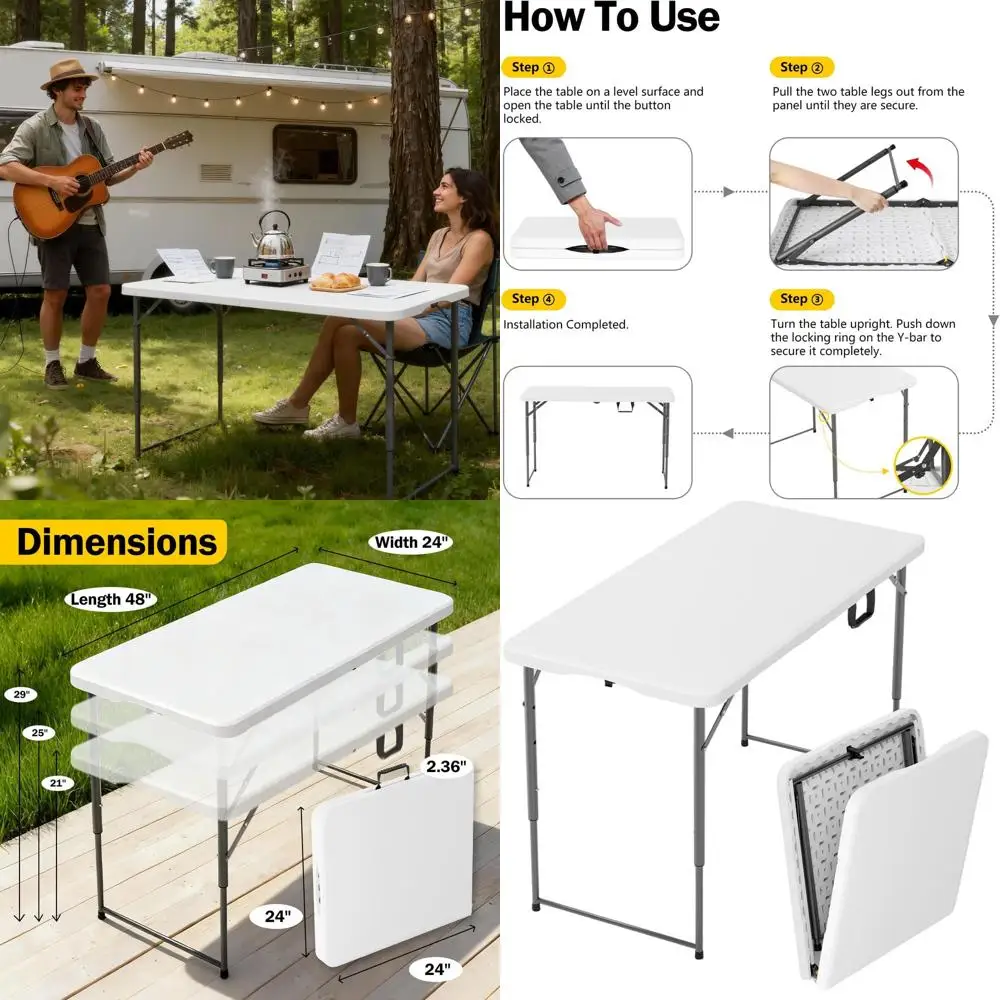 

Складной стол с регулируемой высотой — 4 фута, стальные ножки, портативный с ручкой для переноски, идеально подходит для мероприятий, столовой, на открытом воздухе