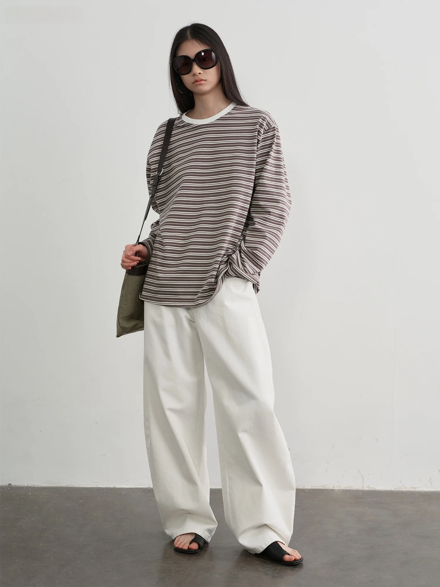 

KUCO ex Classic Retro Loose Casual Pure Cotton Long Sve Striped T-irt Comfortable Breathable round Ne Top