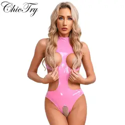 Womens Open Crotch Bodycon Bodysuit Halter Neck Lingerie Nightwear Wet Look Cutout Sexy Catsuit Exposed Cup Hollow Out Jumpsuit