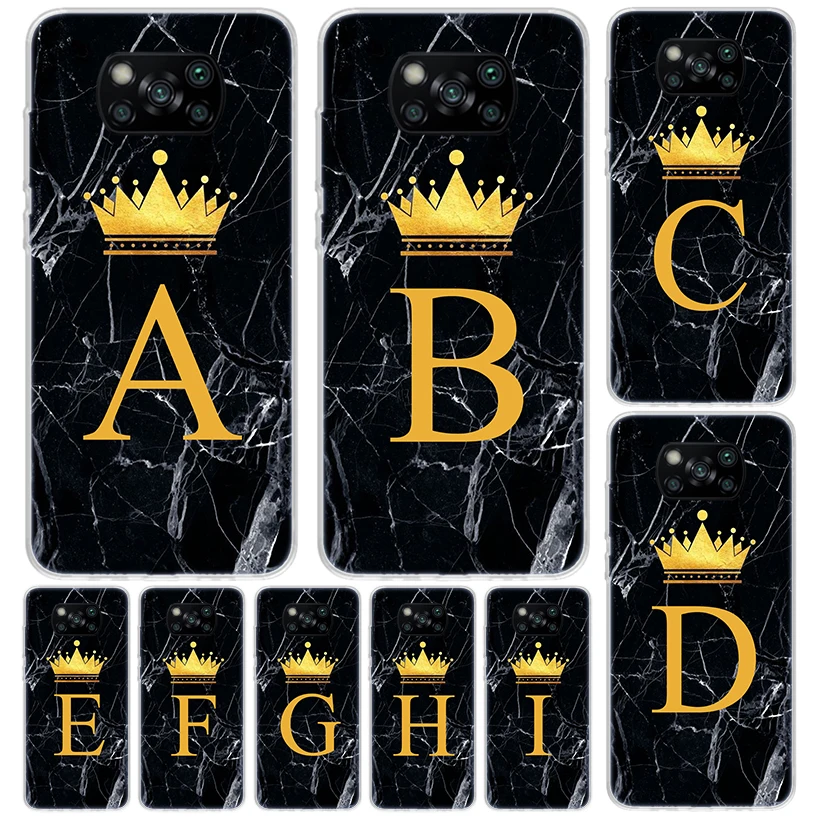 26 Letter Crown Custom A Cover For Xiaomi Poco X6 X5 Pro X4 Gt X3 Nfc F6 Phone Case F5 F4 F3 F2 F1 M5S M4 M3 Print Shell Housing