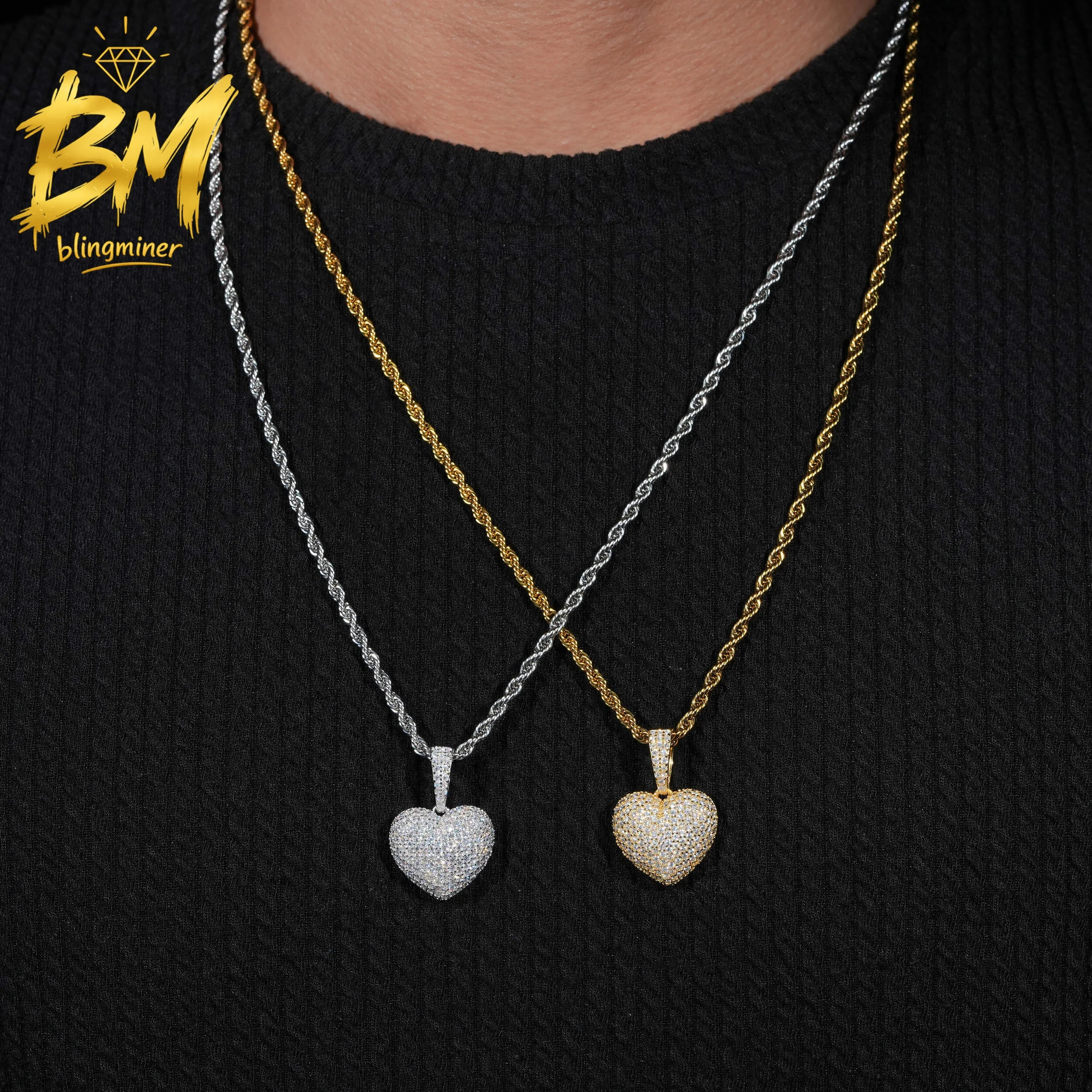 Blingminer Hip Hop Heart Iced Out S925 Silver VVS Moissanite Pendant For Men Women Pendants Jewelry Pass Diamonds Tester