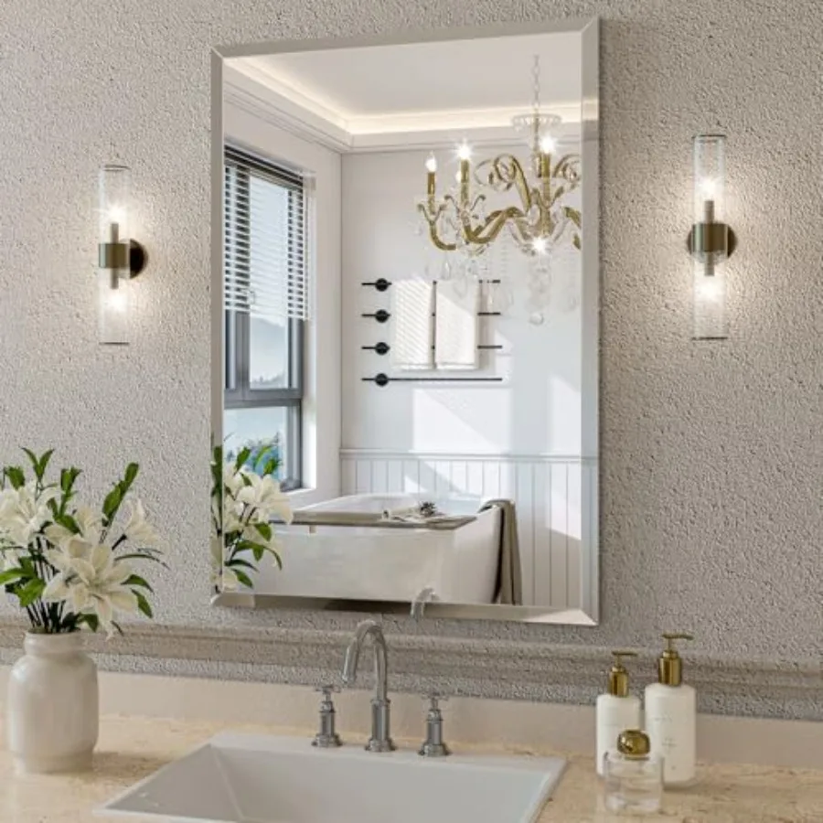

Frameless Bathroom Mirror for Wall 18"x26" Beveled Bathroom Vanity Mirror Modern Rectangle Bathroom Mirrors for Bedroom Entrywa