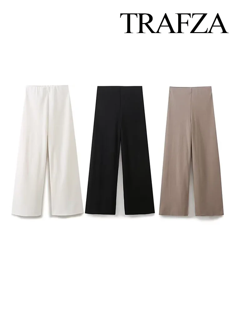 TRAFZA Summer Women Fashion Retro Solid Color Elastic Waist Bead Cloth Soft Straight Loose Wide Leg Pants 3 Colors Street Wear