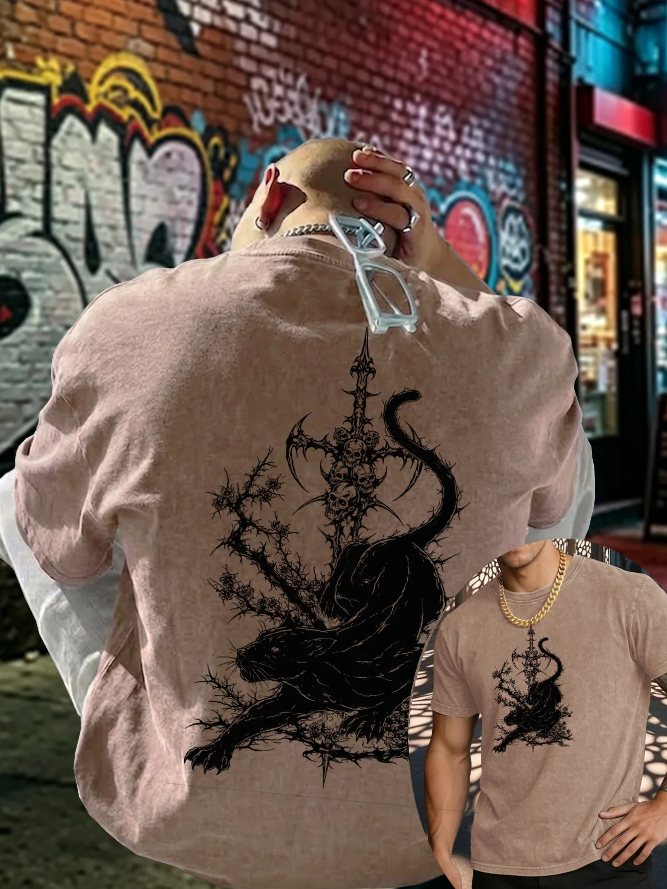 Men's Double Sided Print Washed T-shirt Cotton Dark Gothic Black Grey Tattoo Print Loose Fit Wild Streetwear Short Sleeve S-3XL