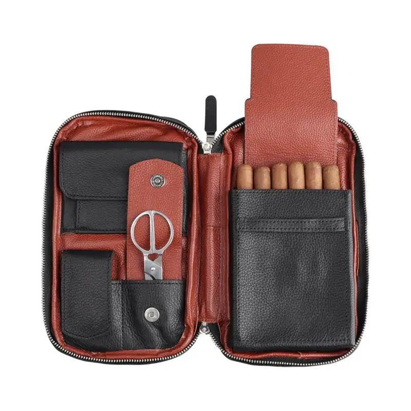 

Portable Cigar Humidor Case Cedar Wood Cutter Smoking Storage Handbag Leather Pocket Travel Cigar Bag Men Gift Smoking Accessory