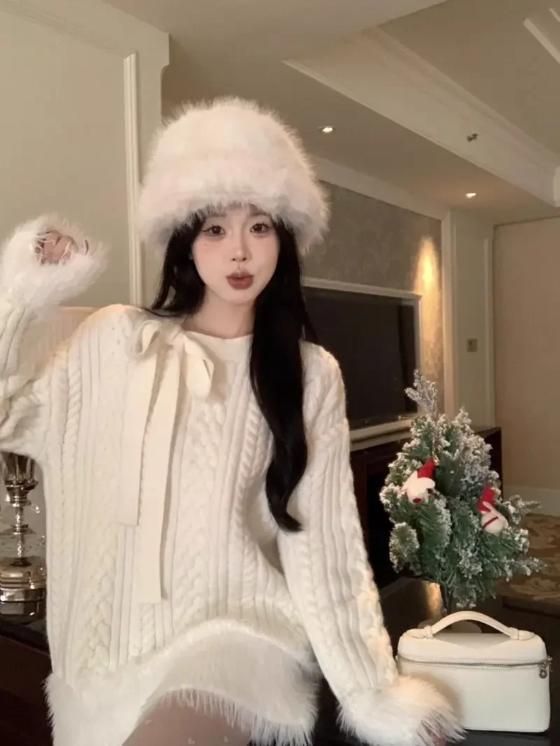 Gagaok Autumn Pull Femme 2024 Autumn Winter Round Neck White Mink Plush Fried Dough Twists Knitted Sweater Outwear Women Tops