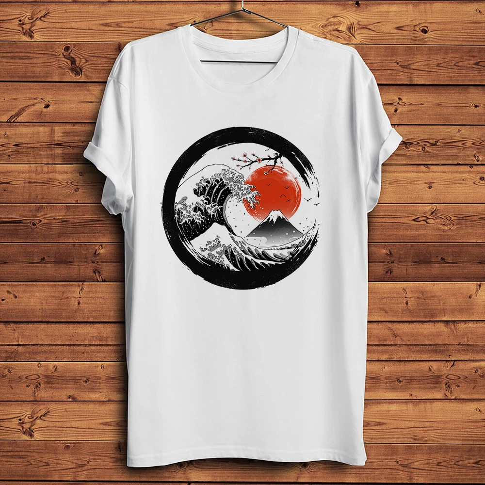 Ukiyoe Sumi-e Great Kanagawa Wave Mount Fuji Sunset Funny Vintage T Shirt Homme Men Casual Short Tshirt Unisex Streetwear Tee