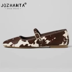 JOZHAMTA Size 34-43 Women Horsehair Flats Shoes Real Leather Mary Jane Shoes Classic Square Toe Leisure Daily Office Footwear
