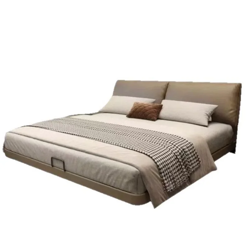 Italian minimalist, leather bed, master bedroom, wedding bed, sensor light, suspension