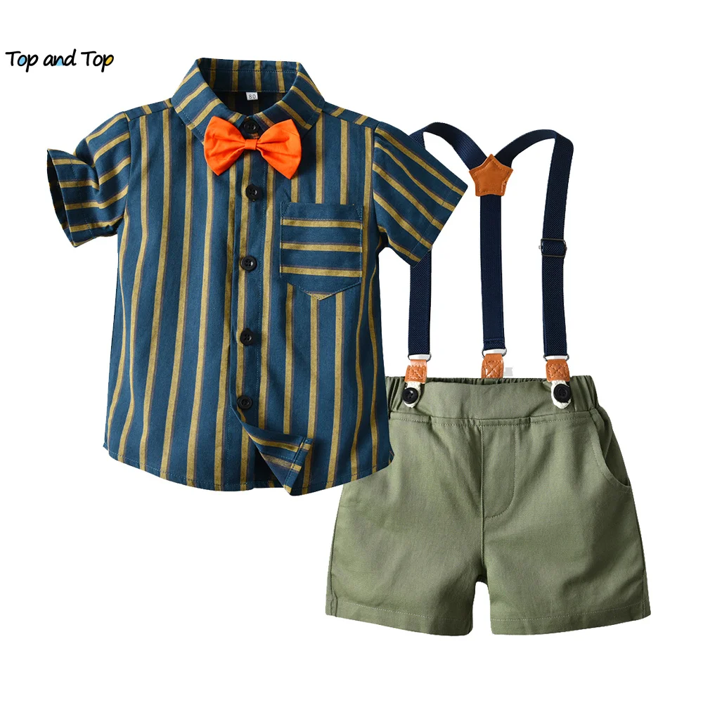 top and top Summer Kids Boys Gentleman Clothes Set Children Boys Casual Clothing Sets Short Sleeve Bowtie Shirt+Overalls Suits