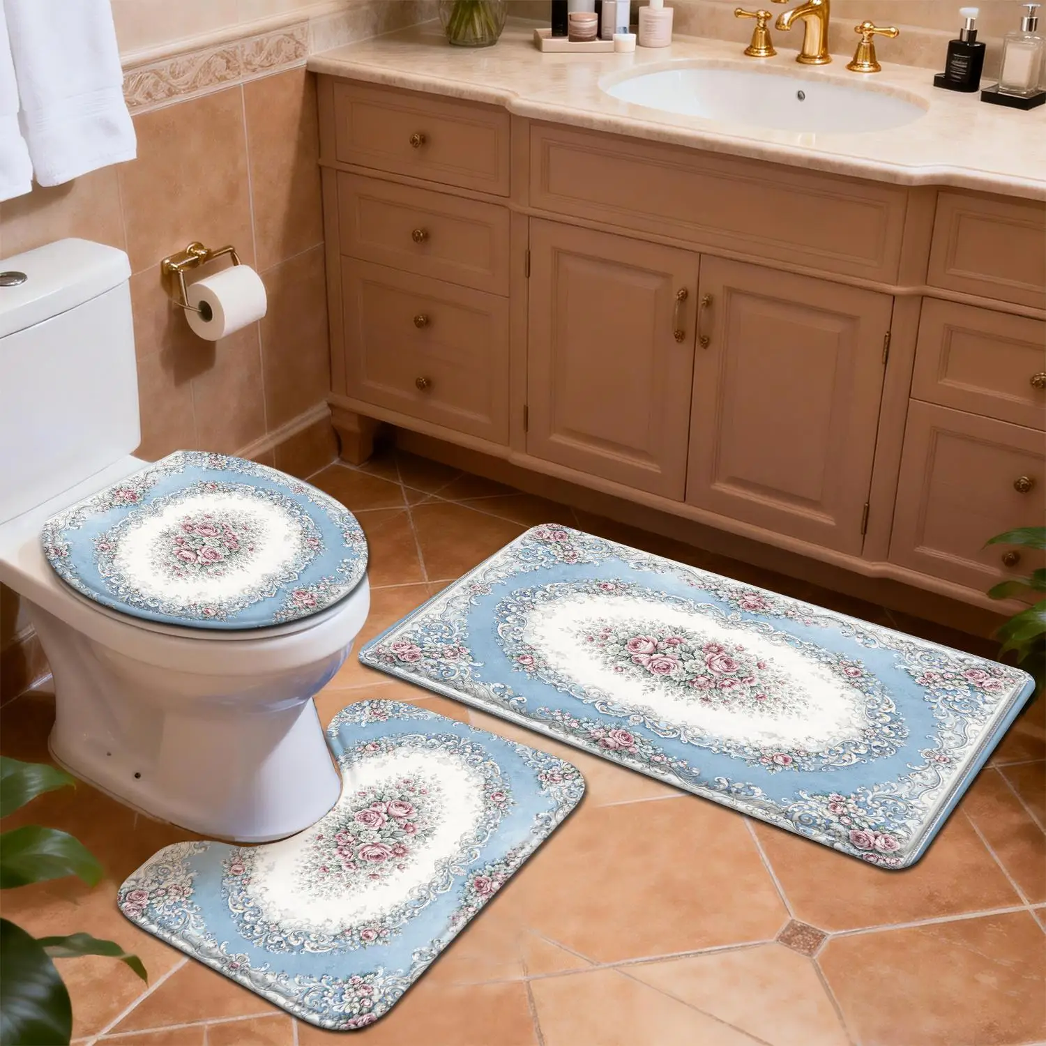 

Blue Pink Vintage Floral Bathroom Rug Set 3 Piece Non Slip Soft Bath Mat Toilet Seat Cover U Shaped Rug Home Decor