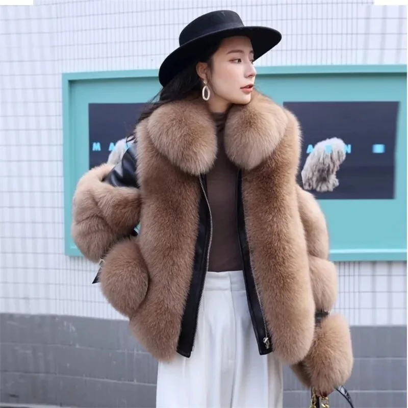 Women Winter Jacket New Outerwear Tops Warm Imitation Fox Fur Coat Imitation Leather Full Fox Fur Motorcycle Jacket Luxury