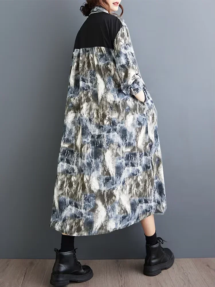 XITAO-vestido camisero holgado con estampado de retazos para mujer, vestido informal con cordón de un solo pecho, novedad de otoño, vestido sencillo con temperamento DMJ4175