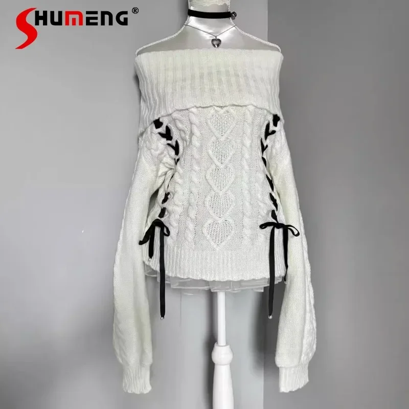 

White Strap Design Off-the-shoulder Knitwear Women's Autumn Flanged Knitted Top Japanese Rojita Long Sleeves Y2k Knitted Sweater