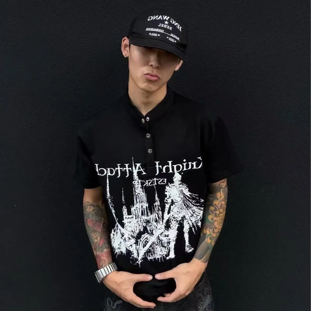 street crew neck short-sleeved T-shirt men's 2026 summer new trendy casual front shoulder printed half-sleeved T-shirt men's