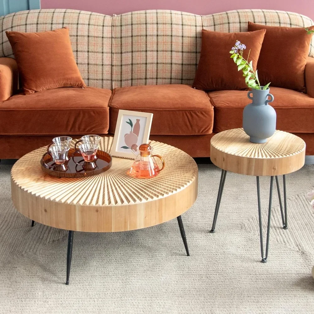 new 2-Piece Farmhouse Nesting Table Round with Handcrafted Wood Radial Pattern, Modern Coffee Table Set for Living Room