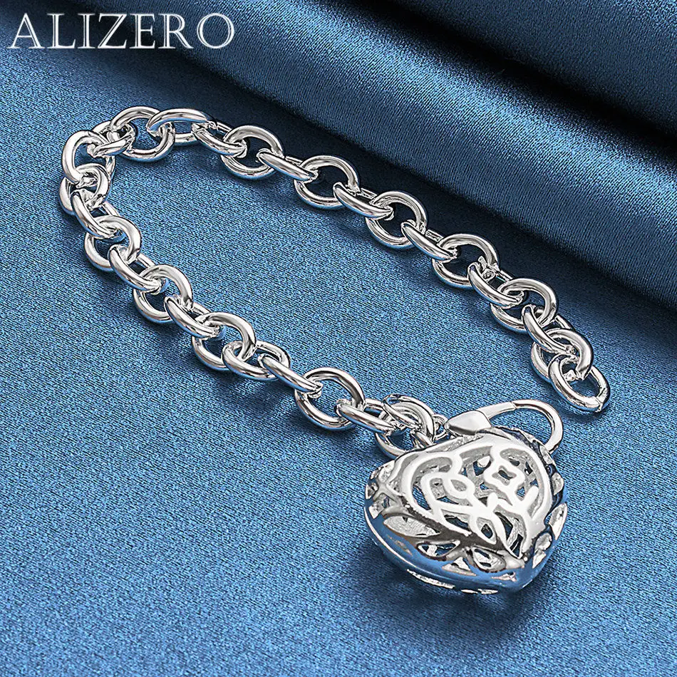 Alizero 925 prata esterlina pulseira oco coração chamrs pulseiras para mulheres moda festa de casamento jóias finas presentes