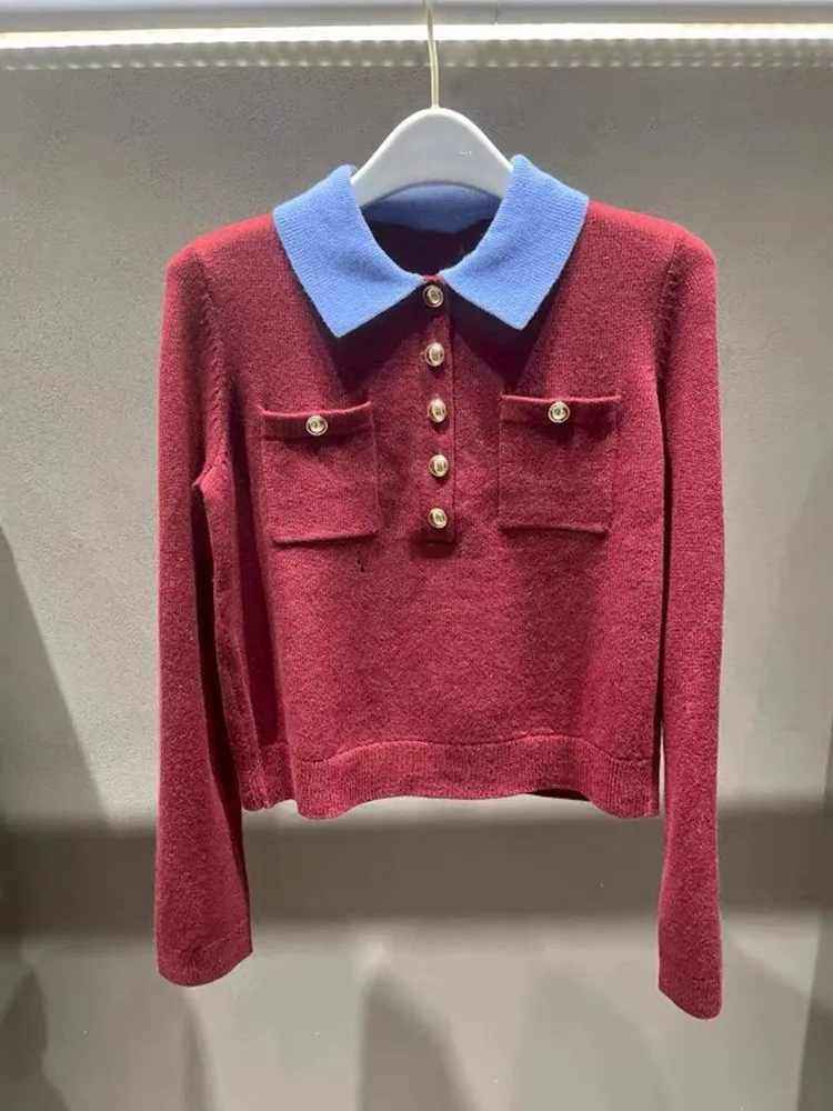 Haut de gamme Version européenne Sle automne hiver haut tricoté Long Sve col rabattu couleur Blo coupe ajustée Faionable irt