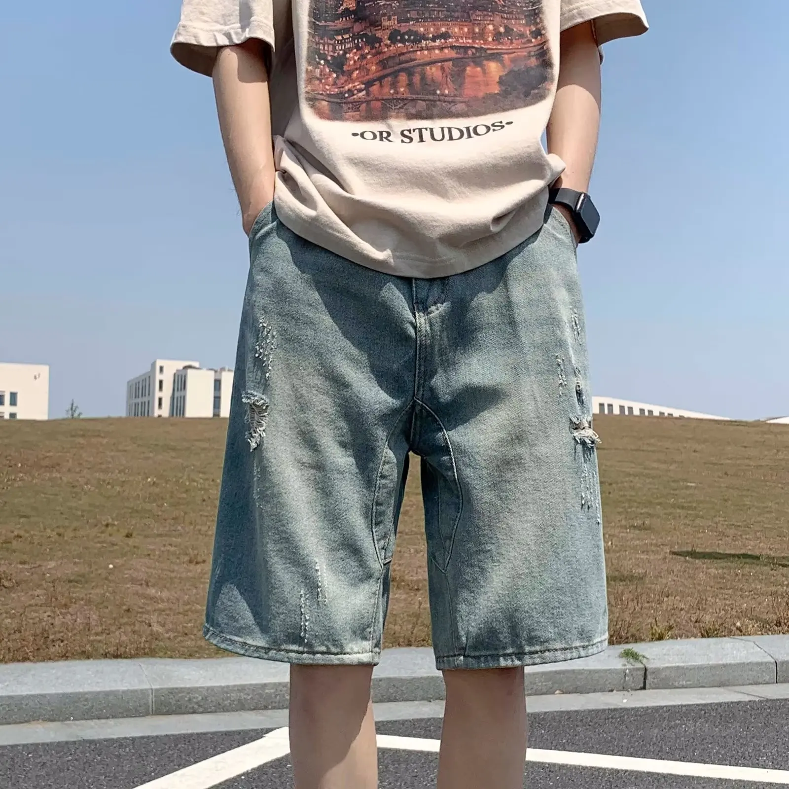 

Waed Distred Straight Leg Men's orts Summer Youth Faion Thin Five-Point Jeans Casual Workwear Loose Fit Youthful