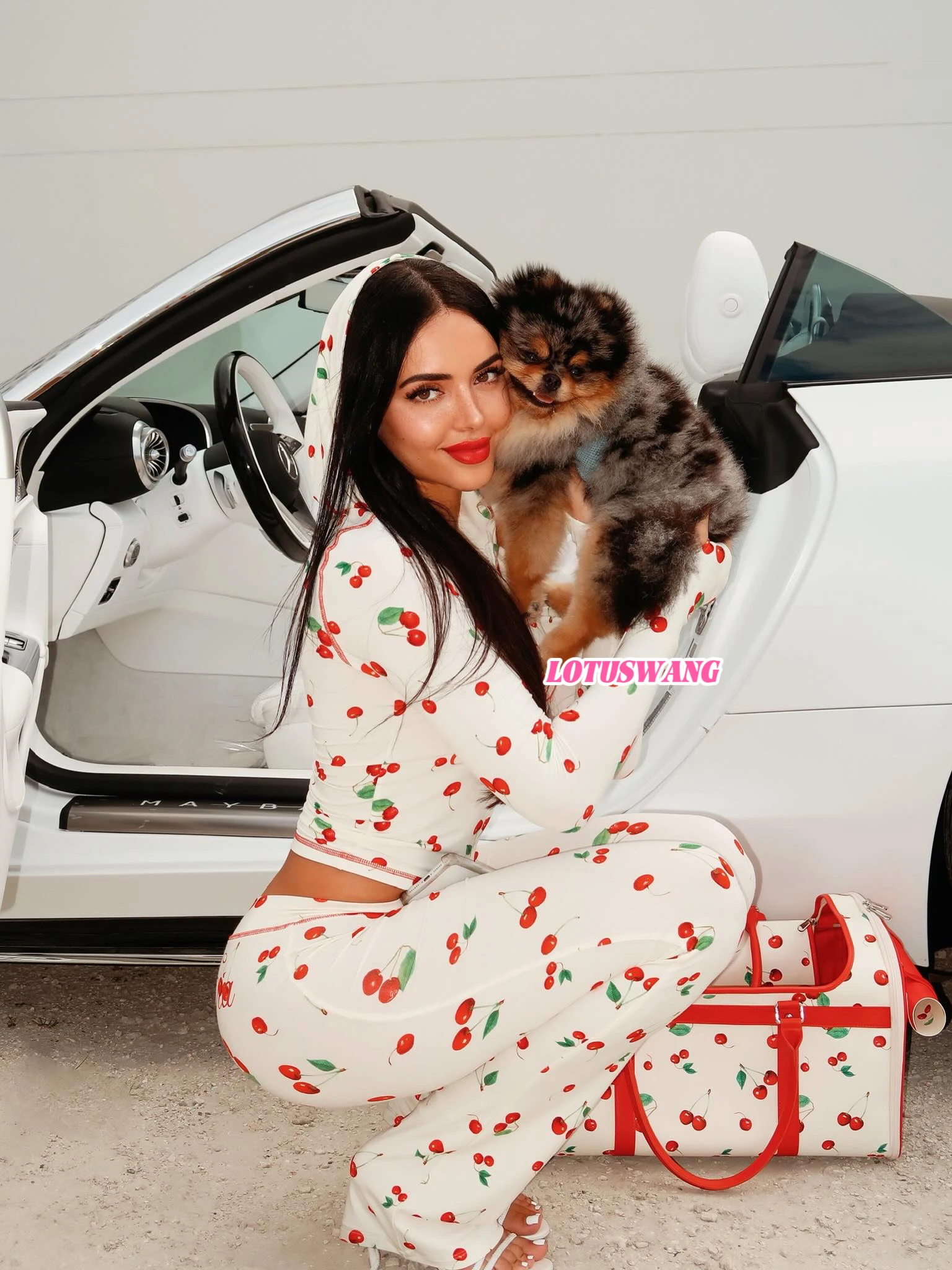 

Cherry Head Ultra-Hot White Women's Casual Long Pants Set Zipper Hat Sunscreen Sexy Sweet Two-Piece Suit Summer Fashion
