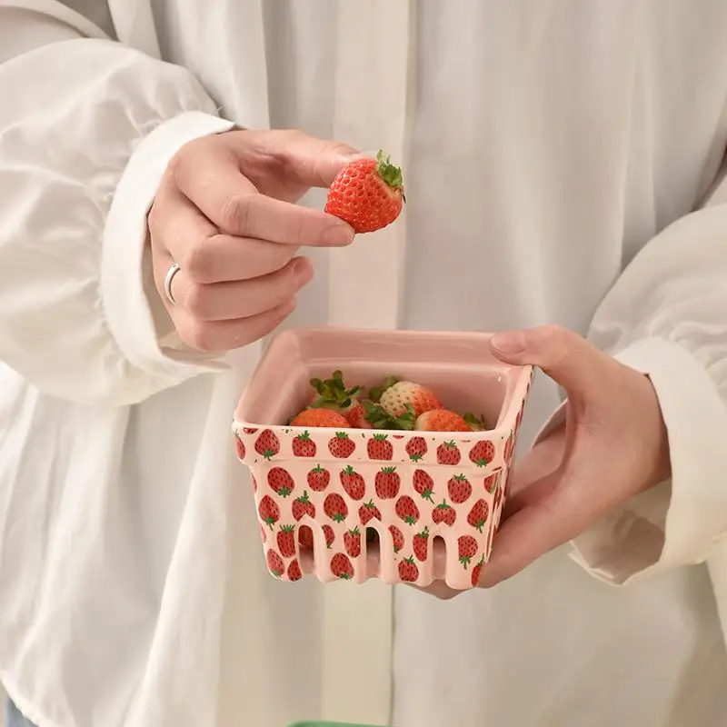 Fruits Pattern Square Snack Bowls Afternoon Tea Delicate Small Bowl With Hollow Out Bottom Cute Creative Designed Ceramic Bowls