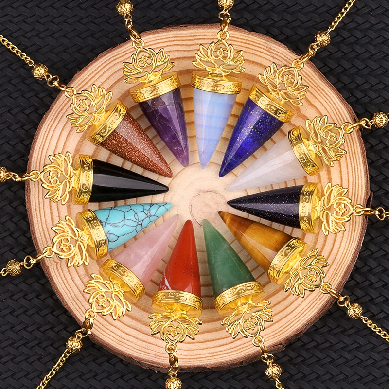 1 Uds. Colgante de péndulo con forma de cono de loto dorado de piedra Natural de 20x49mm para fabricación de joyería DIY, accesorios para regalos de fiesta de aniversario