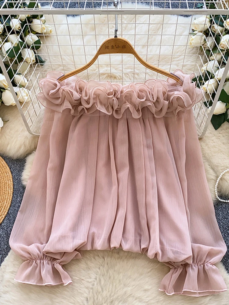 Women's One Shoulder Wooden Ear Long Sleeve Chiffon Shirt Spring Autumn New Fashion Sexy Sweet Loose Slash Neck Blouse Top T55