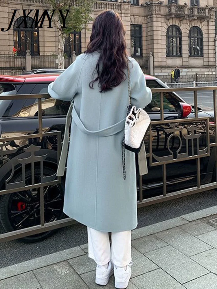 JXMYY-Women's Mid-Length Belted Woolen Coat, Autumn and Winter Clothing, New Korean Style, Commuting, Blue, Loose, 2024