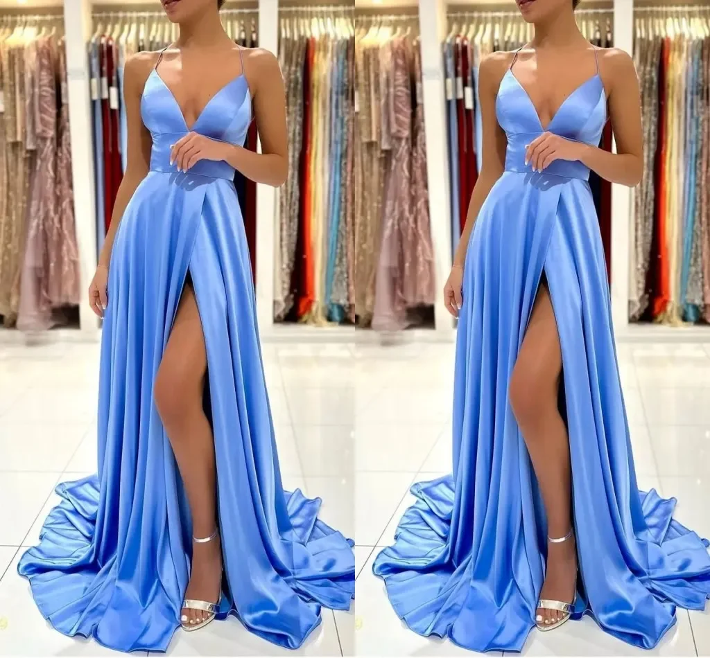 Robes de RhA-ligne bleu ciel clair, satin, longueur au sol, plis, dos nu, fente latérale haute, soirée formelle, quelle que soit la coutume