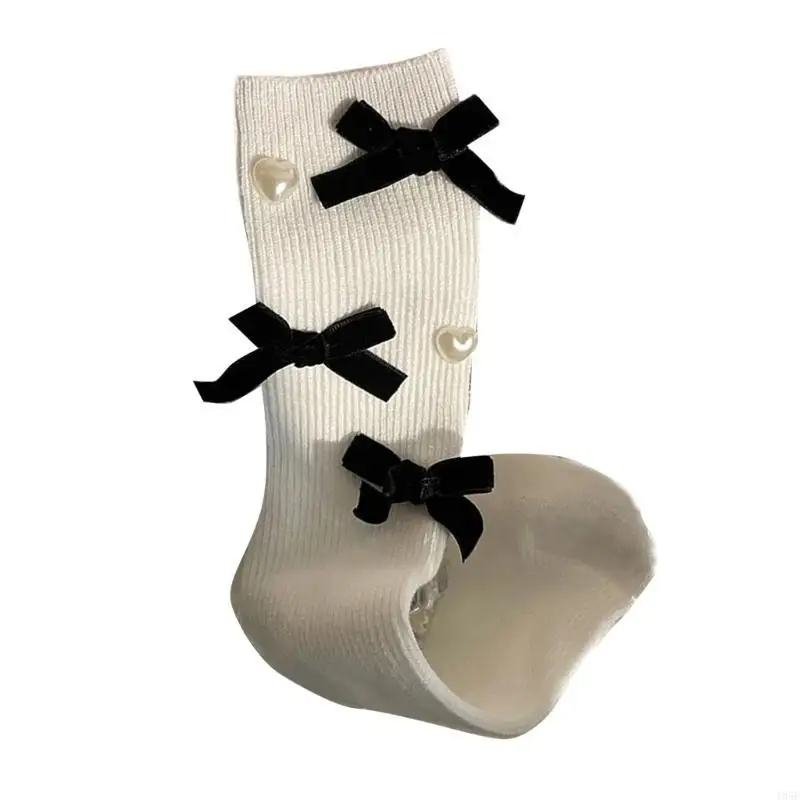 195E Calcetines tripulación con lazos, calcetines sueltos, calcetines tobilleros algodón estilo ballet, calcetines para