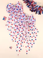 Patriotic Star Print Mesh Hair Bow Clip Red White Blue Festival Accessory