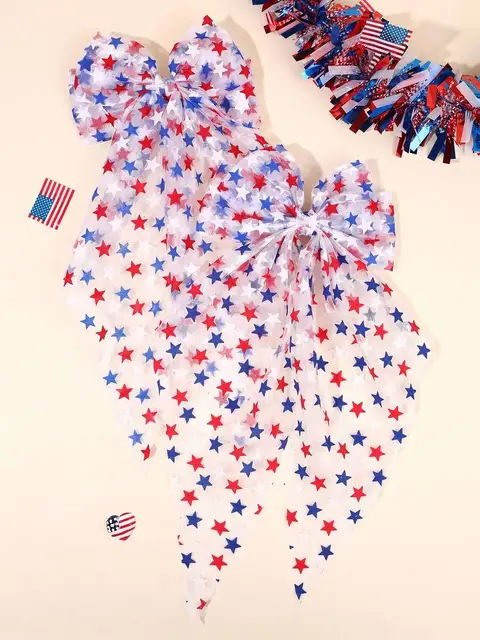 Patriotic Star Print Mesh Hair Bow Clip Red White Blue Festival Accessory