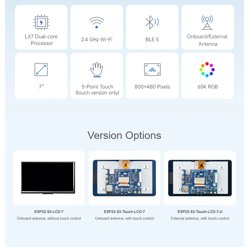ESP32-S3 7inch Options For Touch Function  Up to 240MHz Frequency, Supports Wi-Fi & Bluetooth, With Onboard/External Antenna