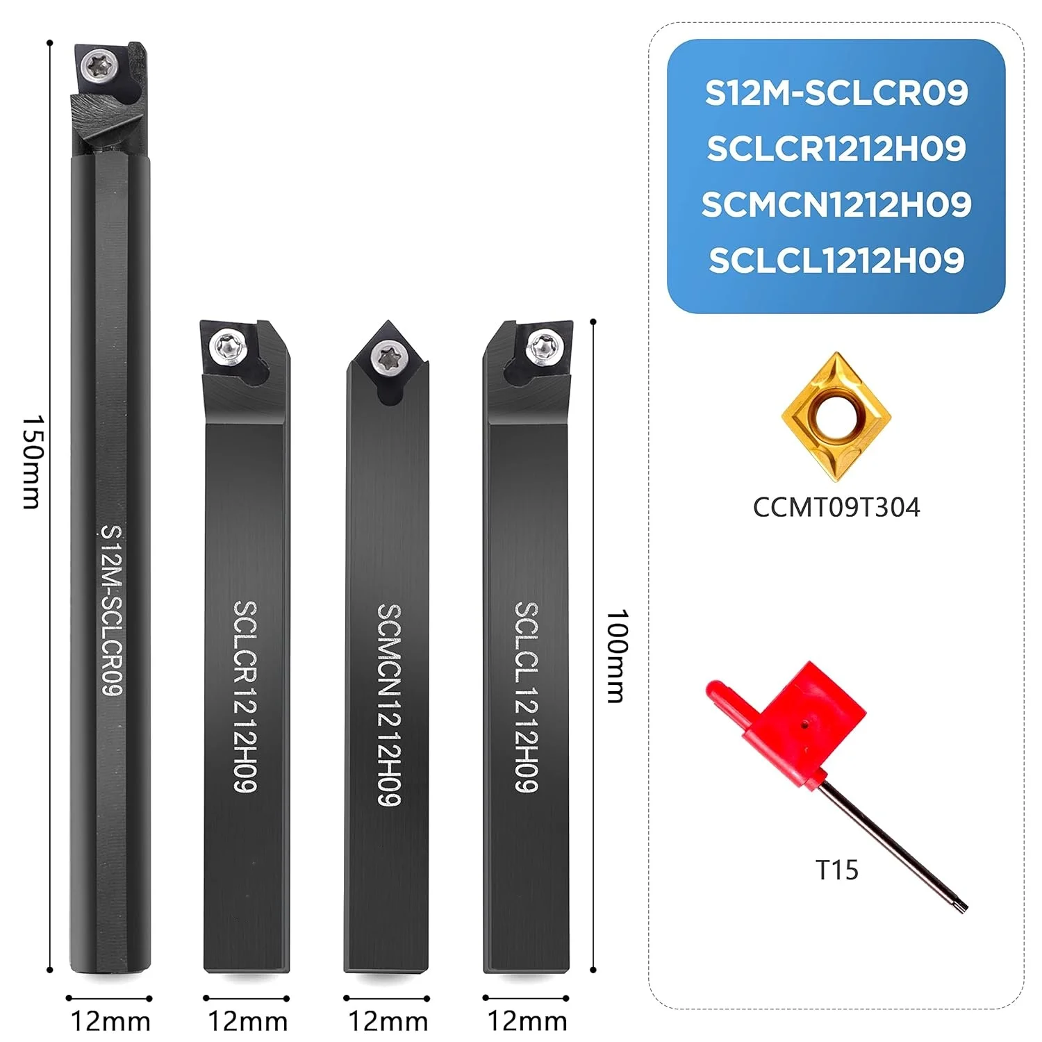 

4pcs 1/2" Shank Turning Holders Threading Holder Boring Bars with 10pcs Indexable Carbide Inserts CCMT09T304 for Lathe Tools